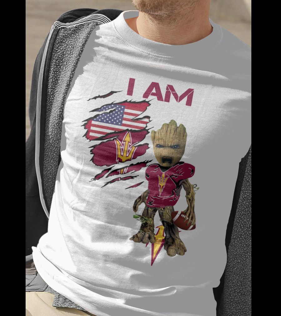 I Am ASU Baby Groot Football American Flag T-Shirt
