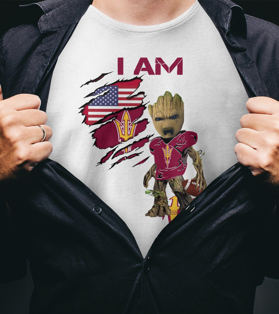 I Am ASU Baby Groot Football American Flag T-Shirt