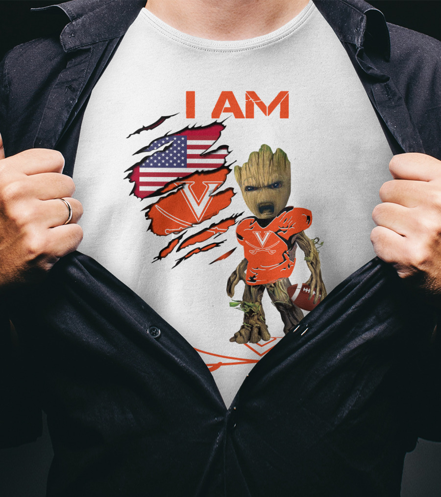 I Am Baby Groot Virginia Cavaliers Football Fan USA Flag T-Shirt