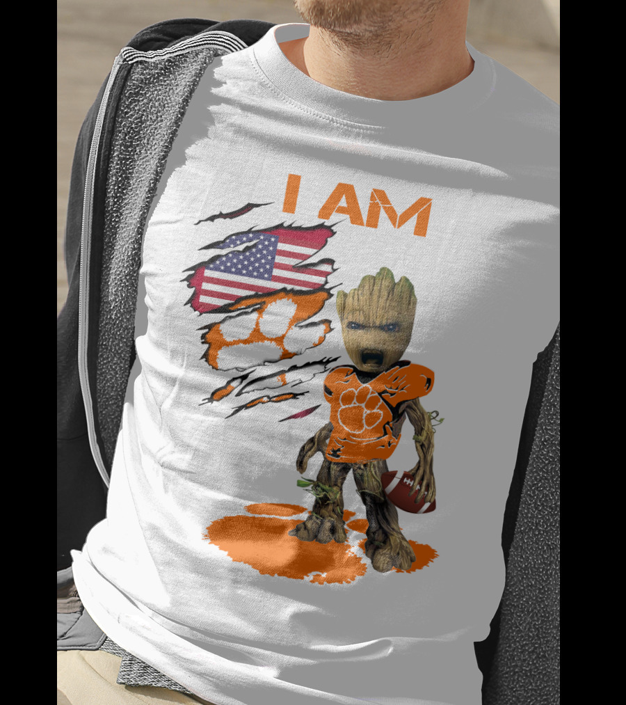 I AM Clemson Baby Groot American Flag Tiger Paw Football T-Shirt