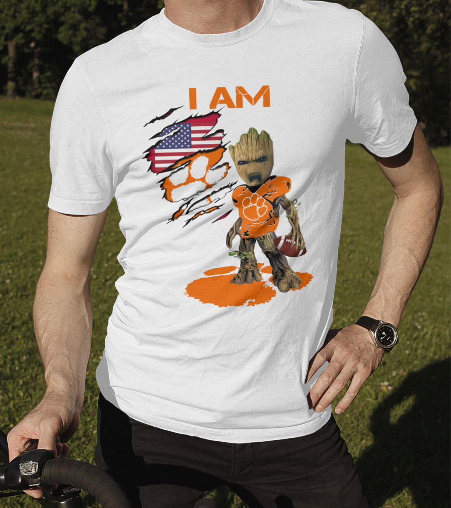 I AM Clemson Baby Groot American Flag Tiger Paw Football T-Shirt