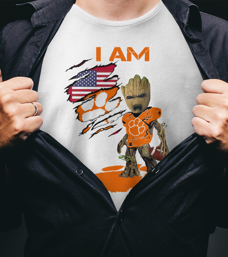 I AM Clemson Baby Groot American Flag Tiger Paw Football T-Shirt