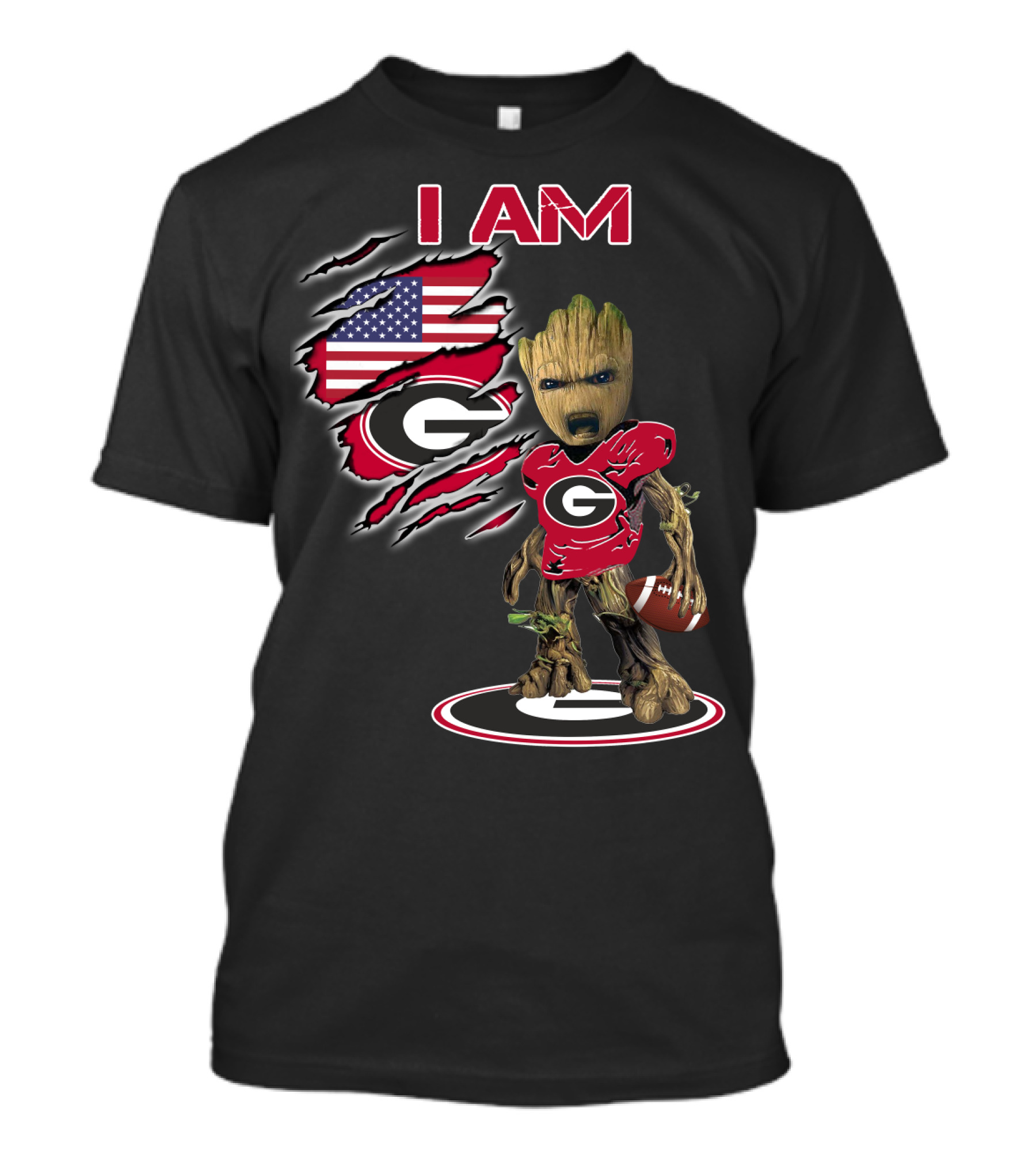 I AM Bulldogs Baby Groot Football G Fan American Flag T-Shirt