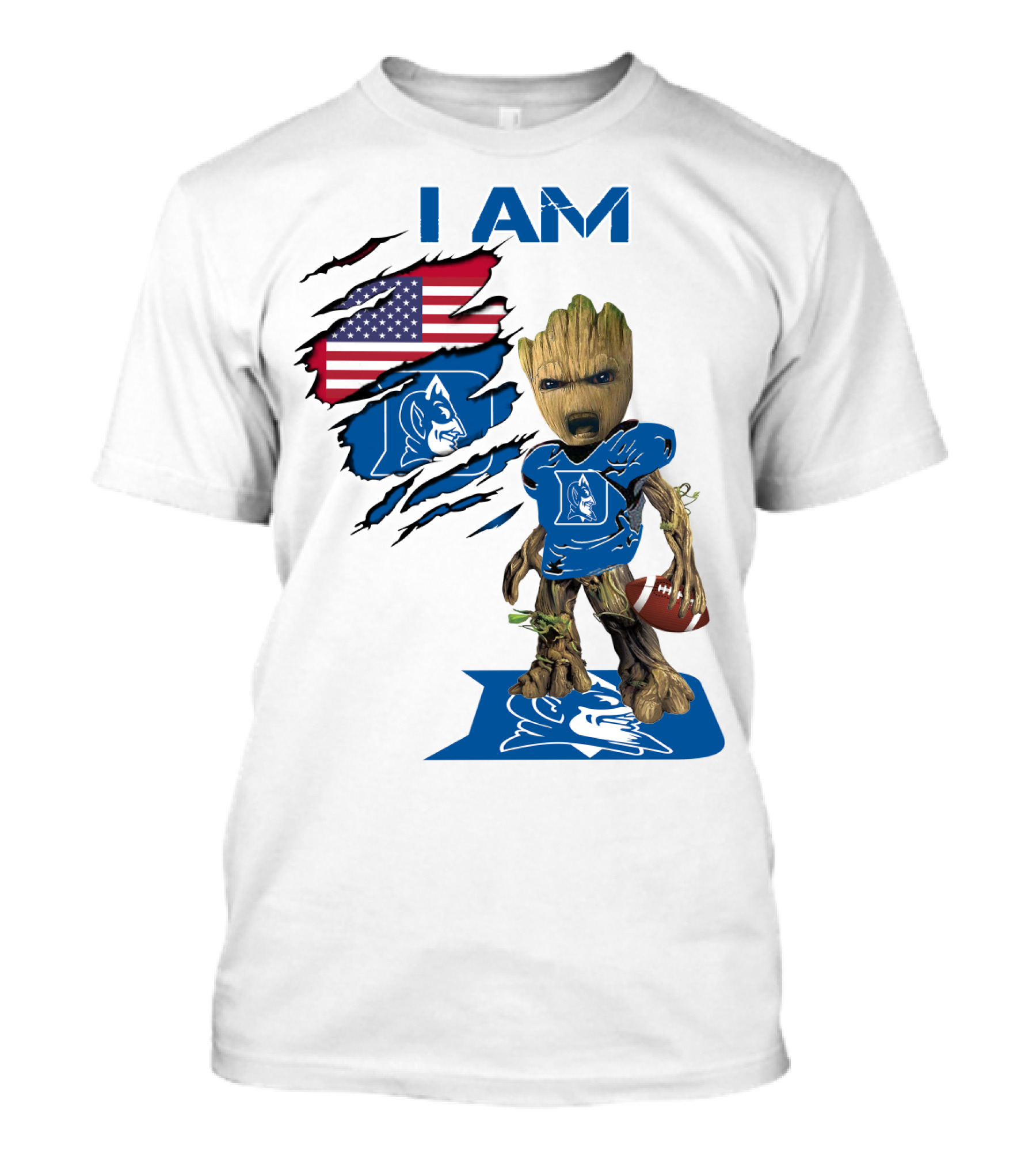 I Am Duke Baby Groot Holding Football With American Flag T-Shirt