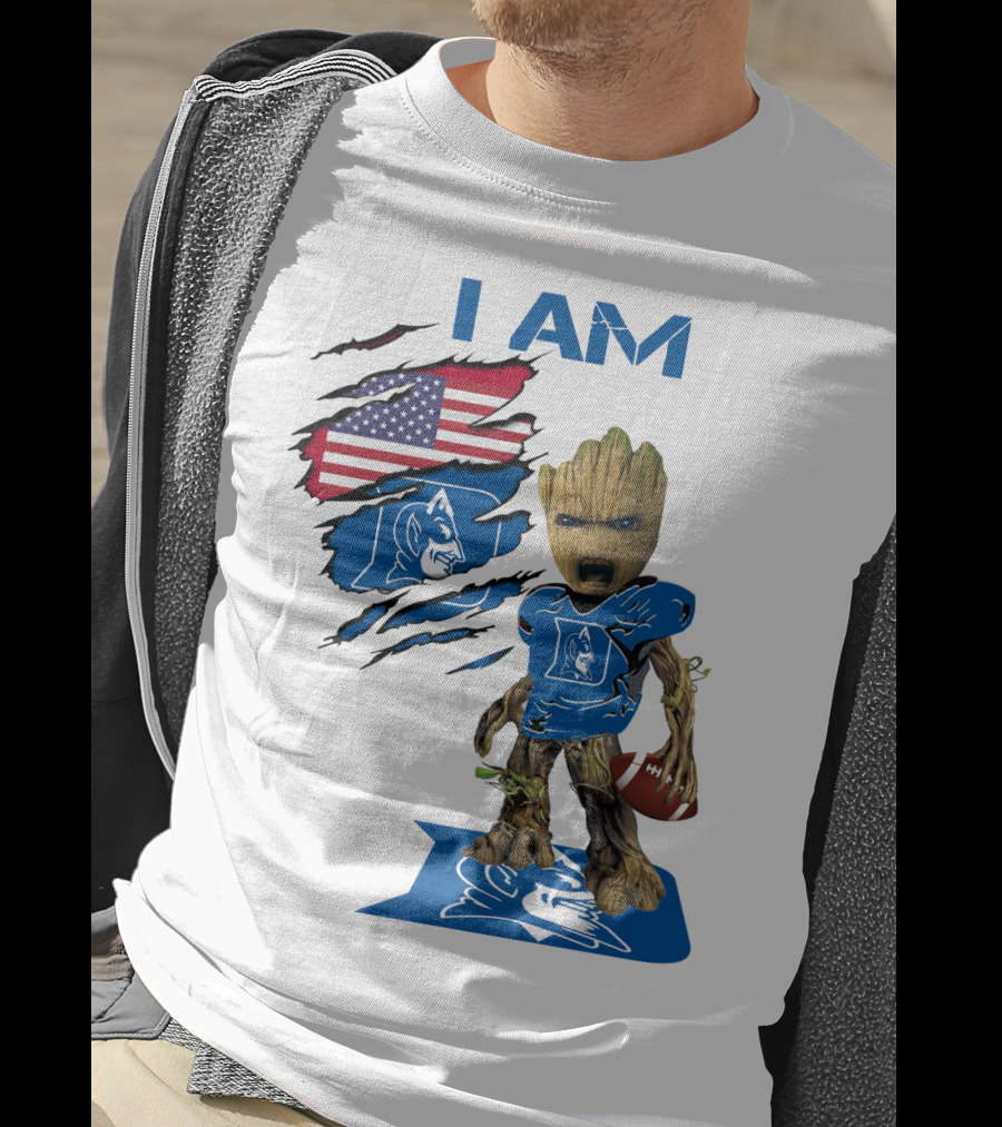I Am Duke Baby Groot Holding Football With American Flag T-Shirt