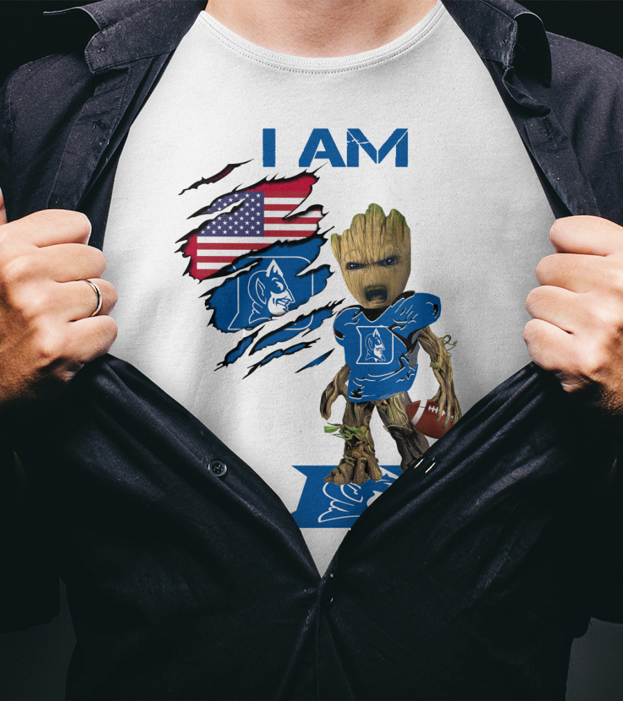 I Am Duke Baby Groot Holding Football With American Flag T-Shirt