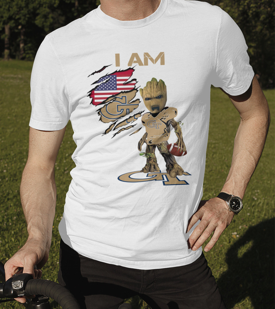 I AM Geo Baby Groot Football GT American Flag T-Shirt