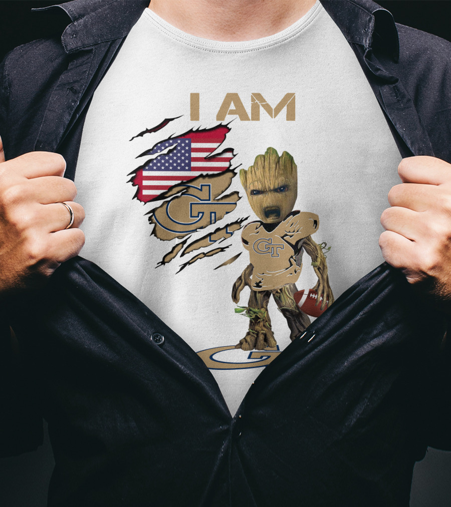 I AM Geo Baby Groot Football GT American Flag T-Shirt