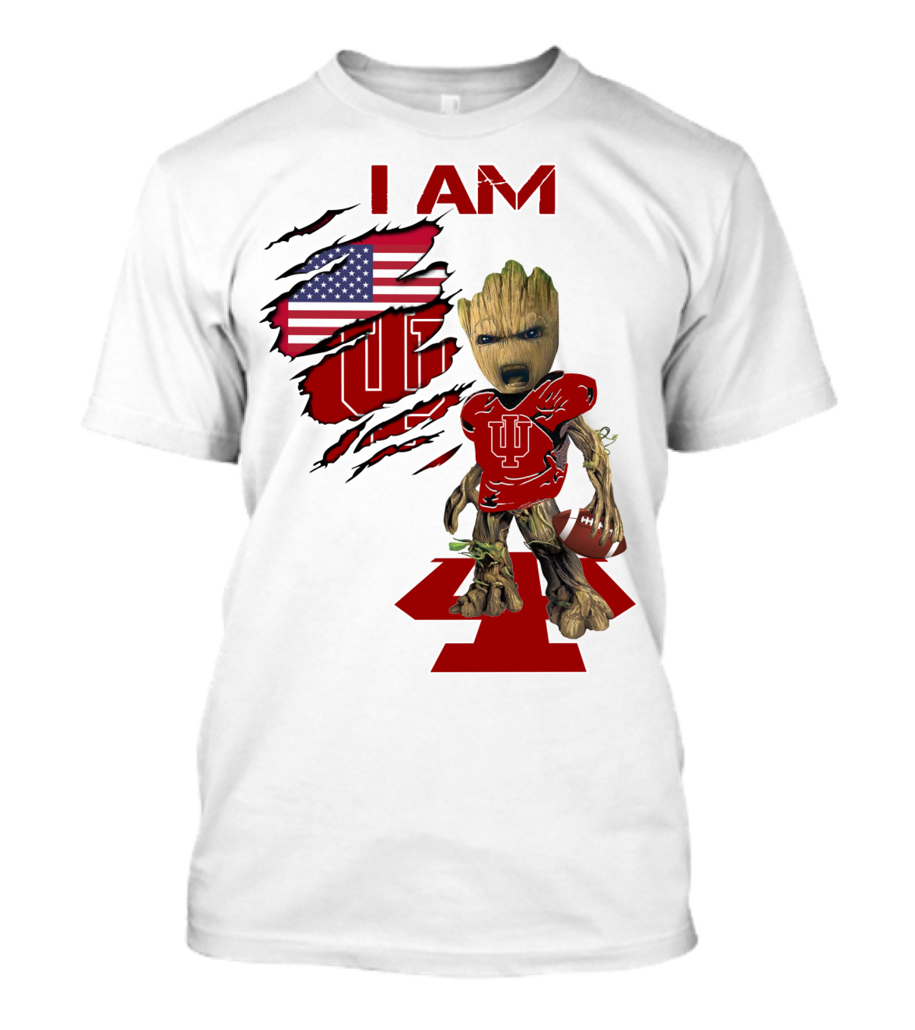 I AM Indiana Hoosiers Baby Groot Football USA Flag T-Shirt