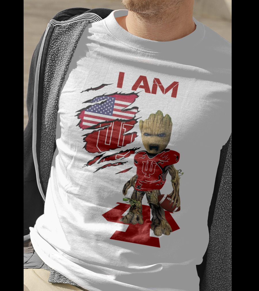 I AM Indiana Hoosiers Baby Groot Football USA Flag T-Shirt