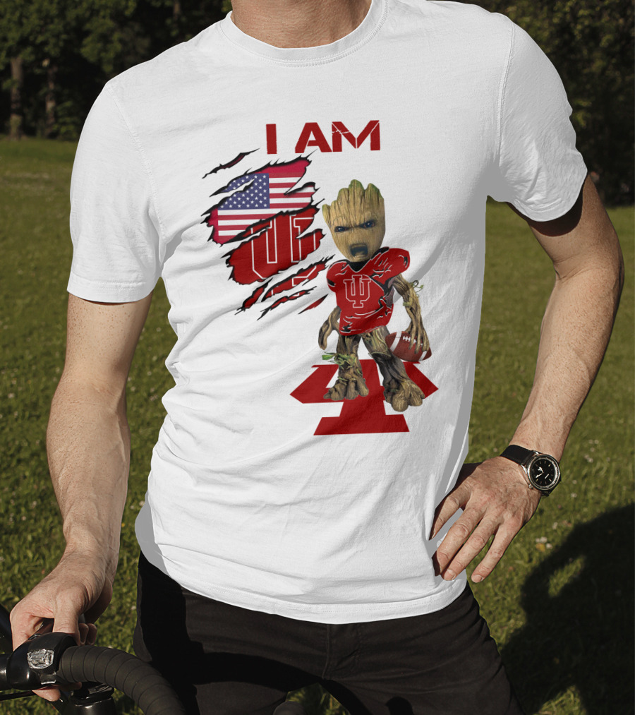 I AM Indiana Hoosiers Baby Groot Football USA Flag T-Shirt