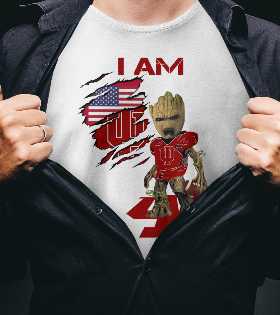 I AM Indiana Hoosiers Baby Groot Football USA Flag T-Shirt