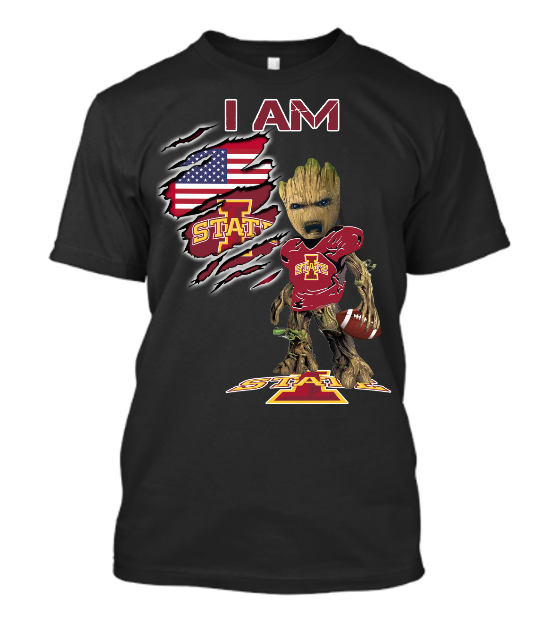 I Am Iowa State Baby Groot Football American Flag T-Shirt