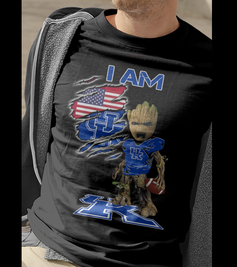 I Am Kentucky Uk Baby Groot American Flag Football Uk Wildcats Fan T-Shirt