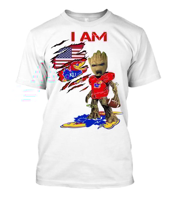 I AM Baby Groot KU Football Jayhawks American Flag T-Shirt