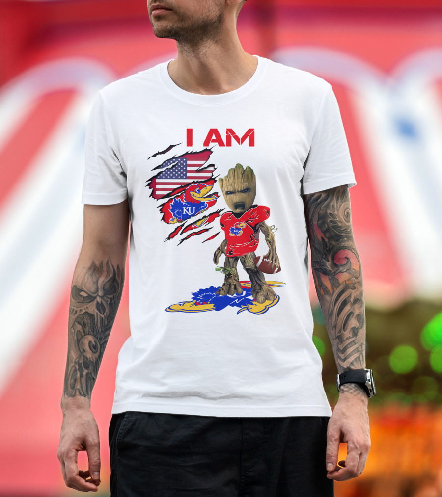 I AM Baby Groot KU Football Jayhawks American Flag T-Shirt