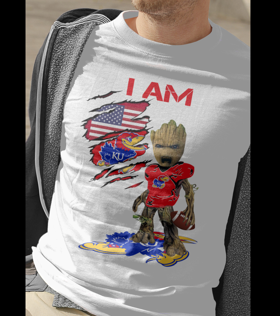 I AM Baby Groot KU Football Jayhawks American Flag T-Shirt