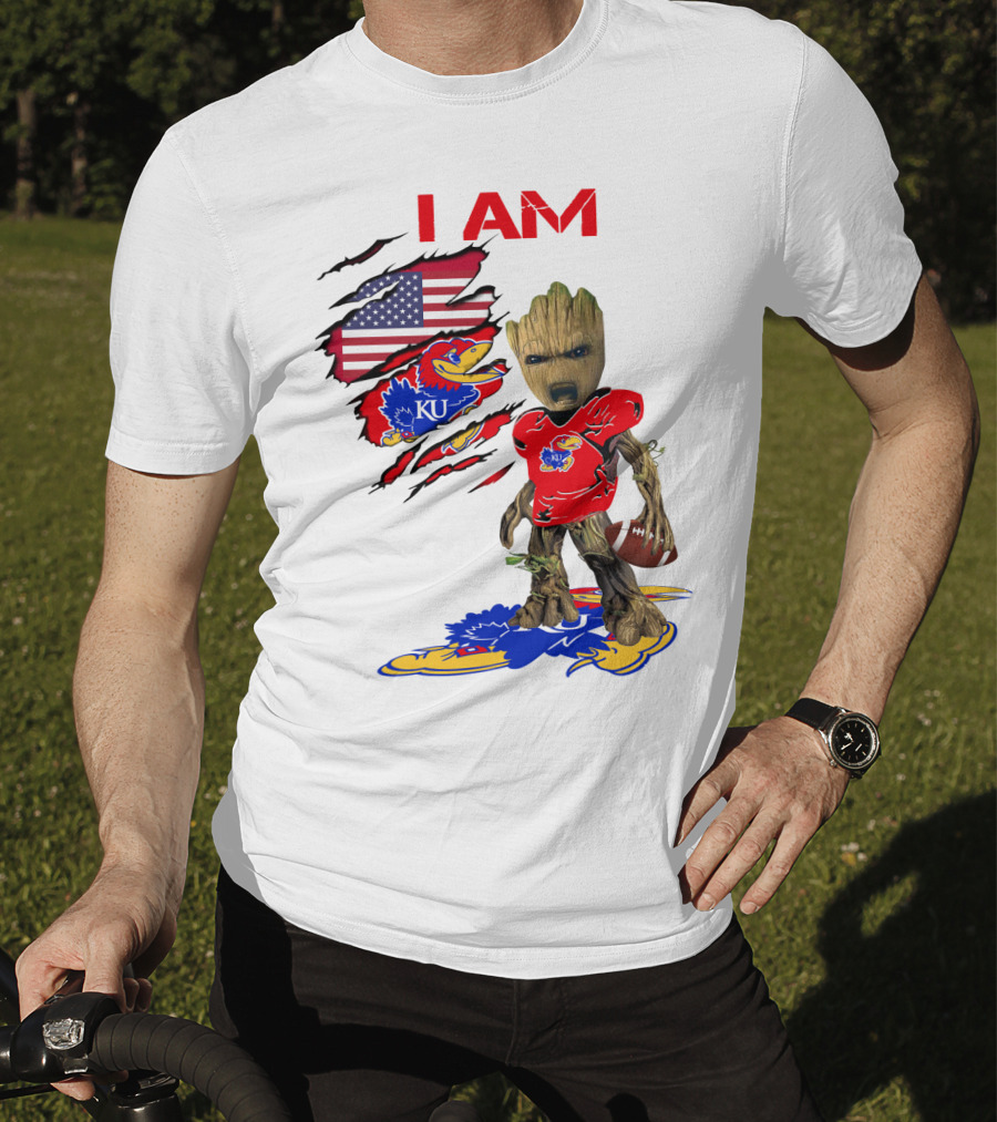 I AM Baby Groot KU Football Jayhawks American Flag T-Shirt