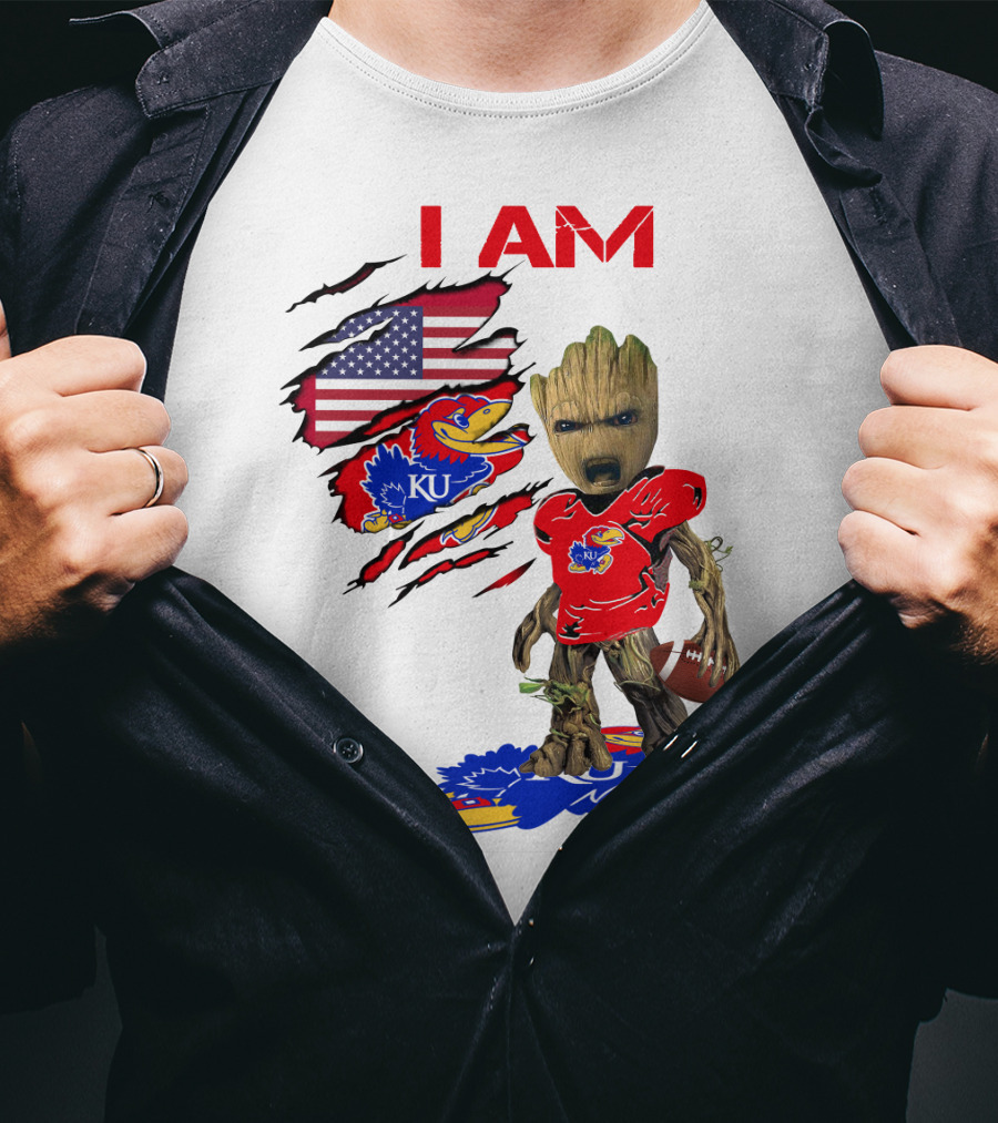I AM Baby Groot KU Football Jayhawks American Flag T-Shirt