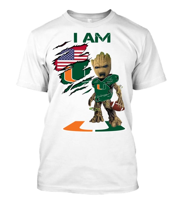 I AM Miami Hurricanes Baby Groot Football USA Flag T-Shirt