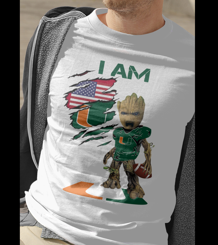 I AM Miami Hurricanes Baby Groot Football USA Flag T-Shirt