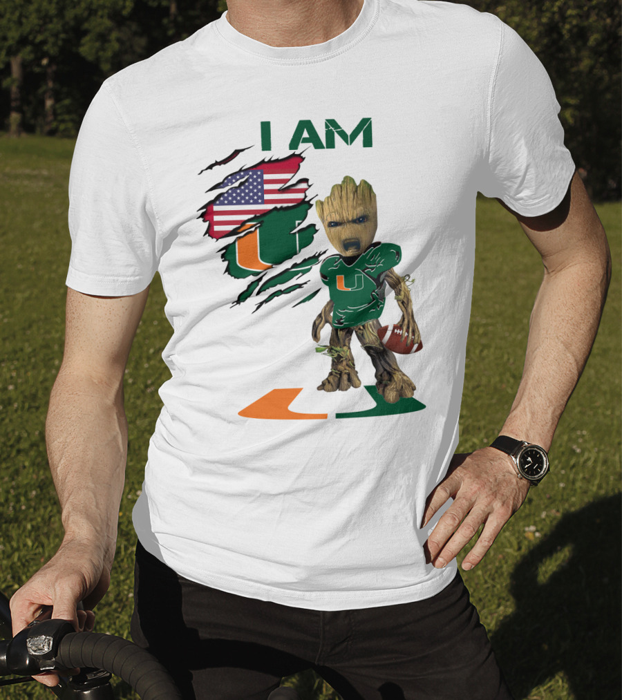 I AM Miami Hurricanes Baby Groot Football USA Flag T-Shirt