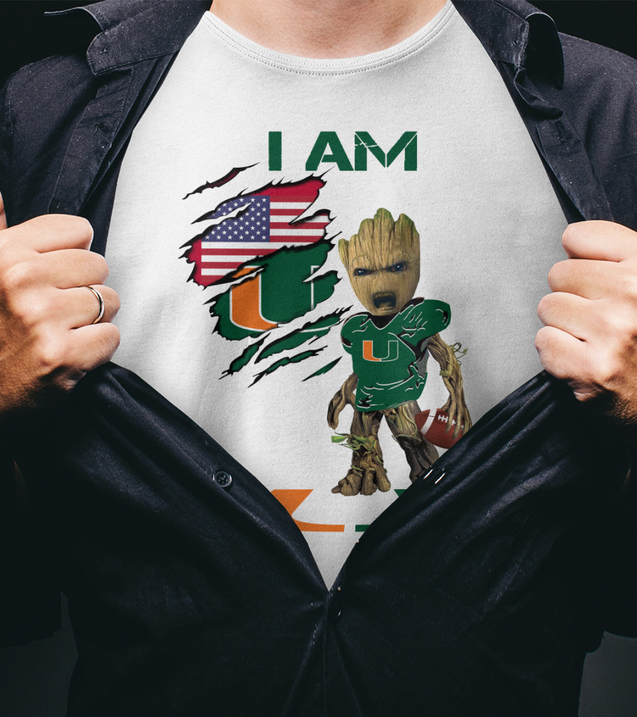 I AM Miami Hurricanes Baby Groot Football USA Flag T-Shirt