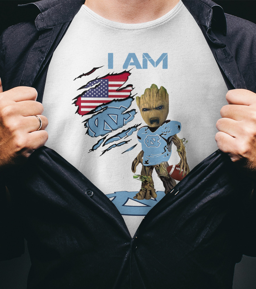 I Am Baby Groot Tarheels Football USA Flag T-Shirt