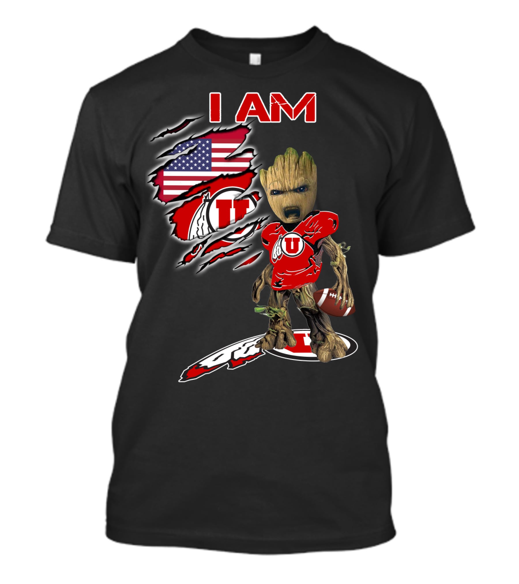 I AM Utes Baby Groot American Flag Football T-Shirt