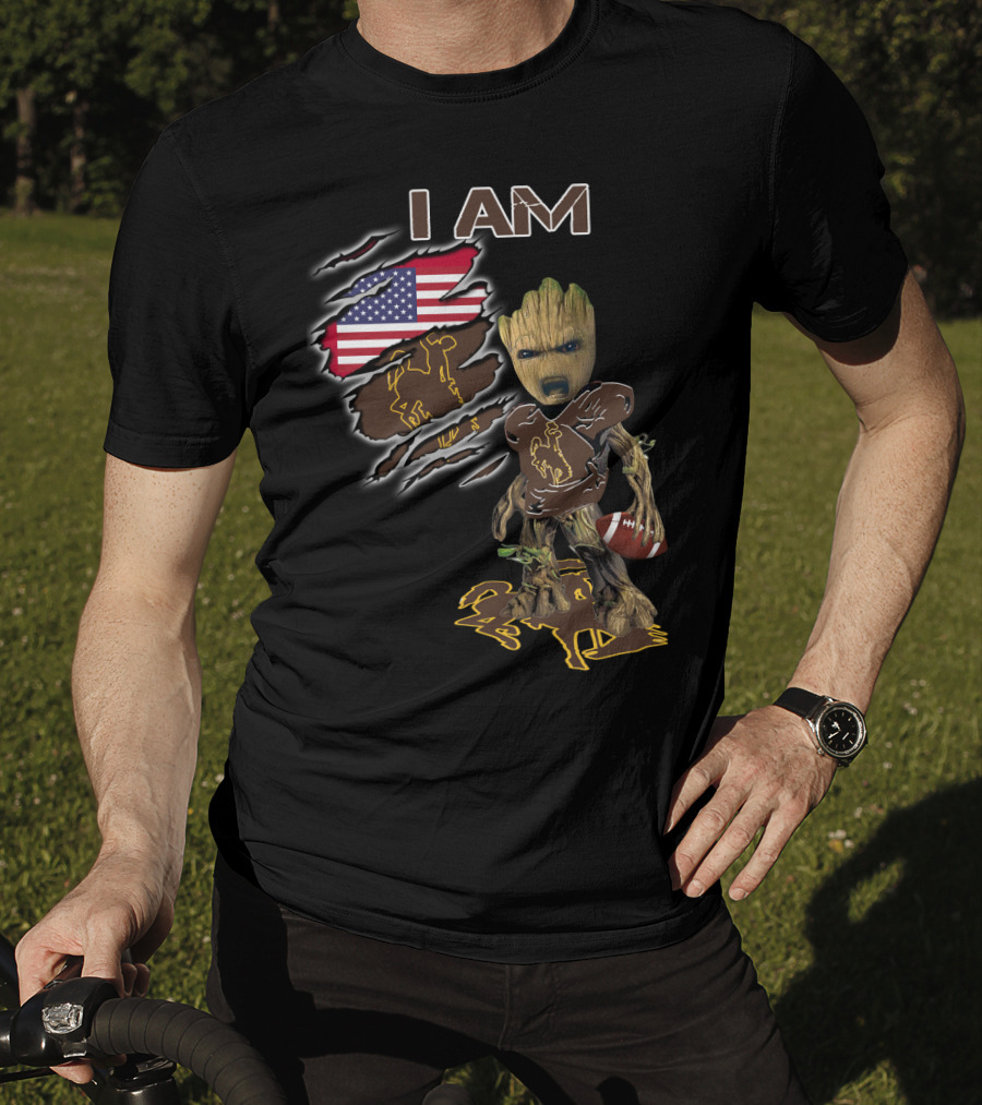 I Am Wyoming Baby Groot American Flag Cowboy Football Player T-Shirt