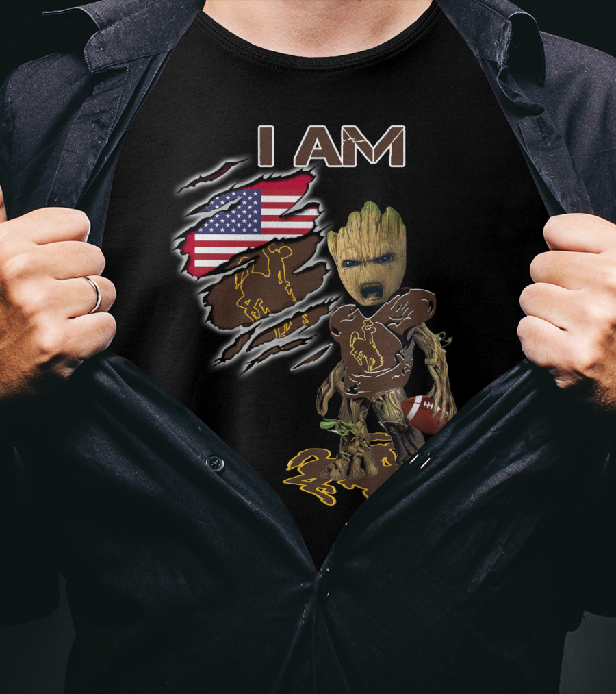 I Am Wyoming Baby Groot American Flag Cowboy Football Player T-Shirt