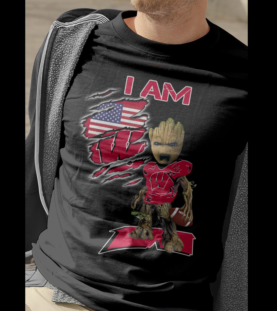 I Am Wisconsin Baby Groot Usa Flag Football W T-Shirt