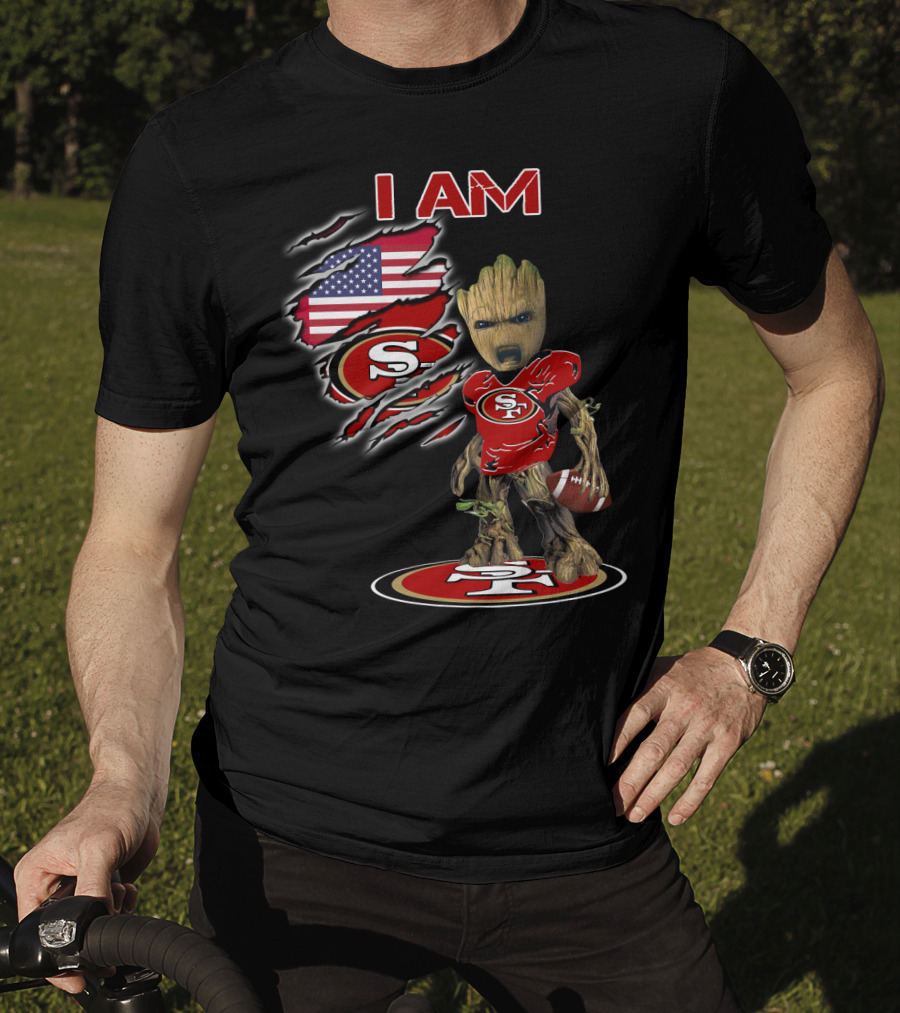I Am 49ers Baby Groot Football American Flag T-Shirt