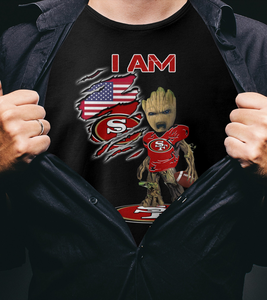 I Am 49ers Baby Groot Football American Flag T-Shirt
