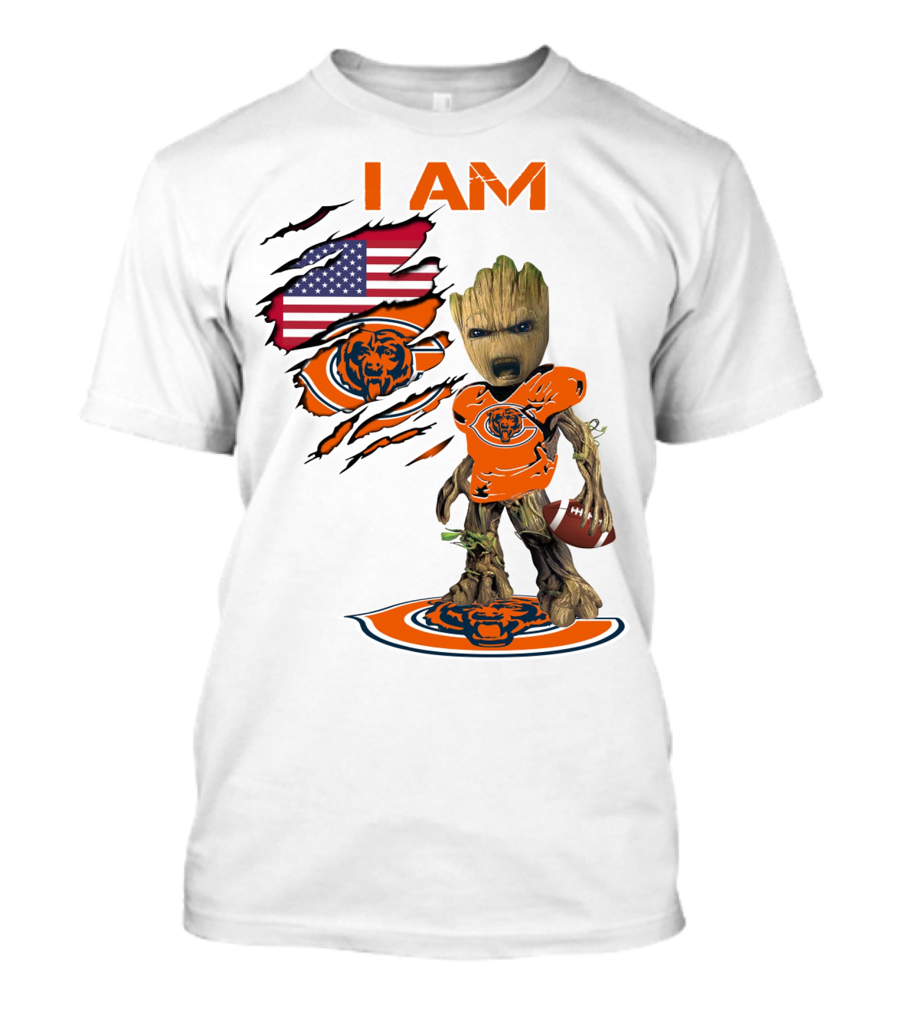 I AM Bears Baby Groot Holding Football With American Flag And Chicago Bears T-Shirt