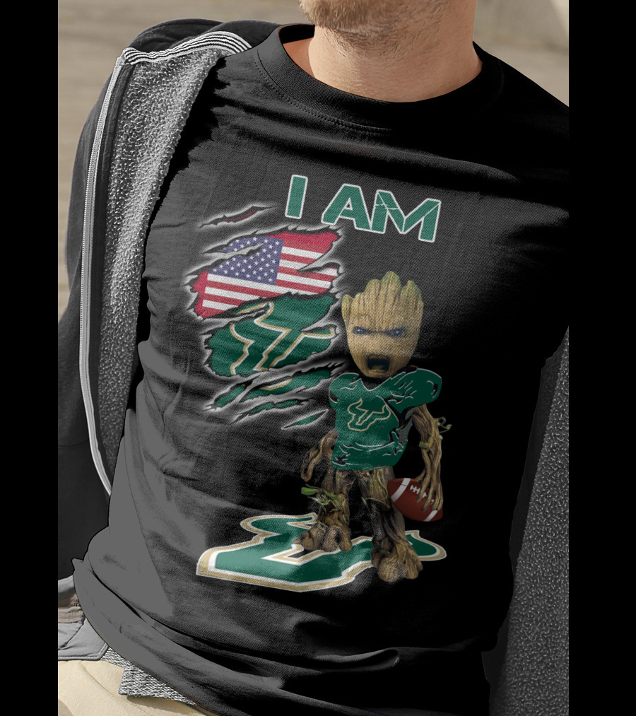 I Am Usf Baby Groot Holding Football With Usa Flag And Bulls T-Shirt