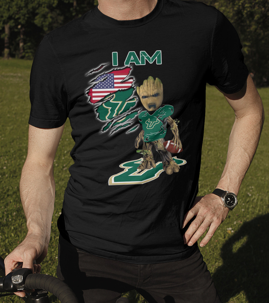 I Am Usf Baby Groot Holding Football With Usa Flag And Bulls T-Shirt