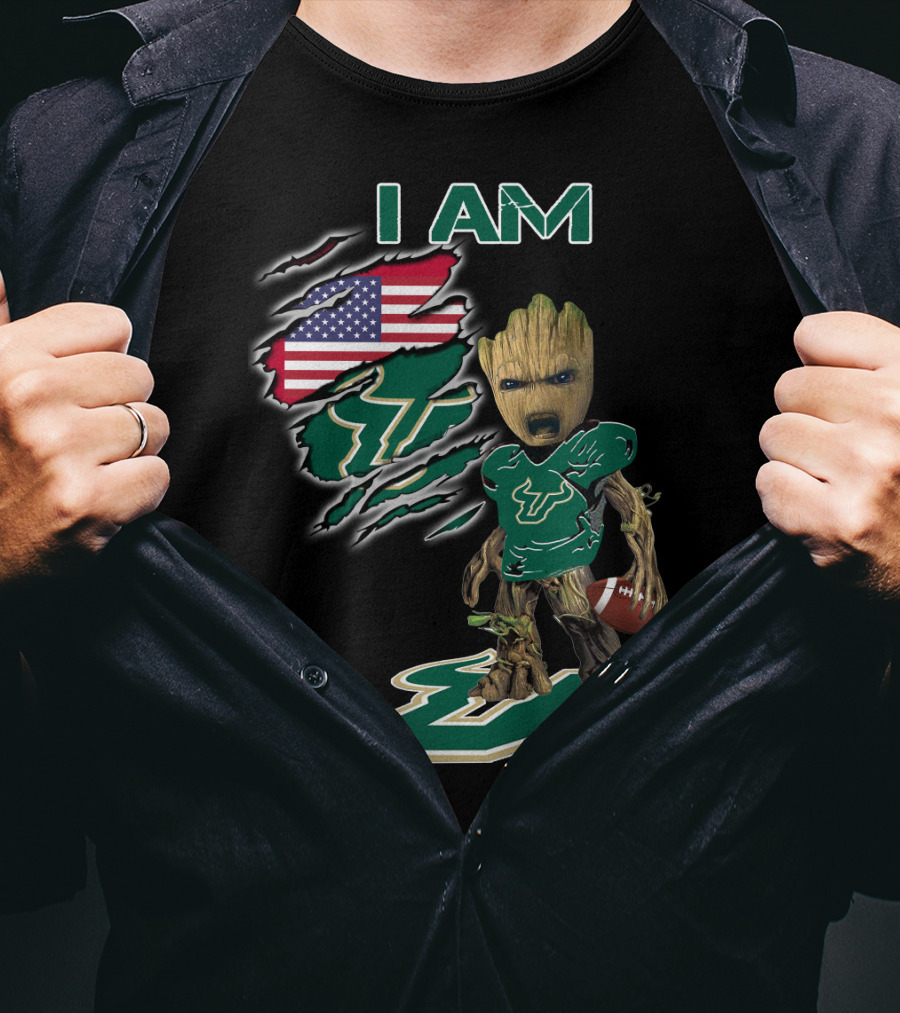 I Am Usf Baby Groot Holding Football With Usa Flag And Bulls T-Shirt