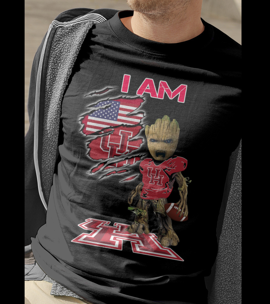 I Am Baby Groot Uh Football American Flag Houston T-Shirt