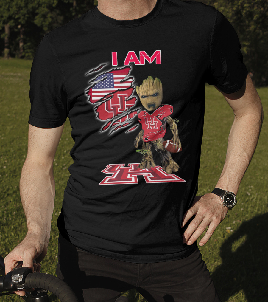 I Am Baby Groot Uh Football American Flag Houston T-Shirt
