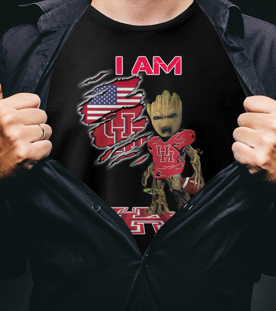 I Am Baby Groot Uh Football American Flag Houston T-Shirt