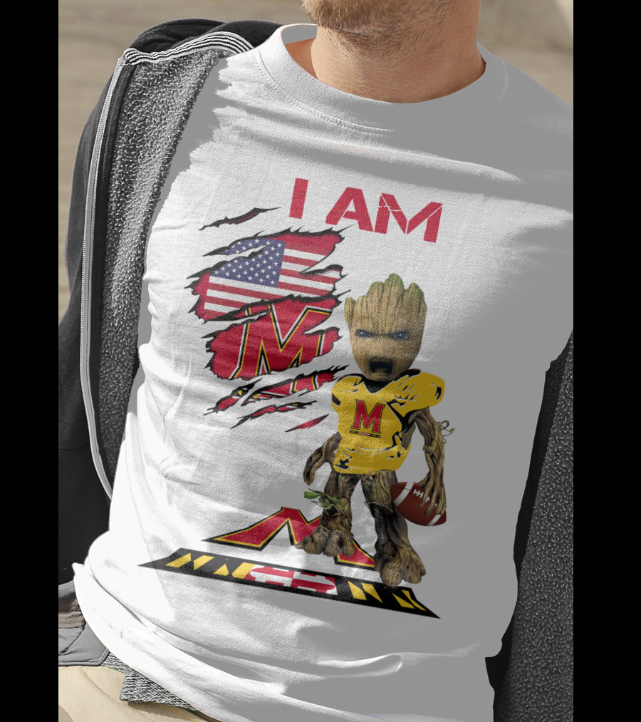 I Am Maryland Baby Groot Football M Logo American Flag T-Shirt