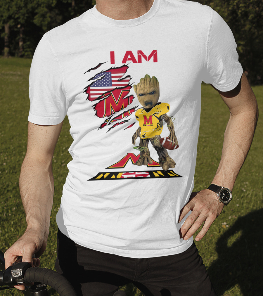 I Am Maryland Baby Groot Football M Logo American Flag T-Shirt