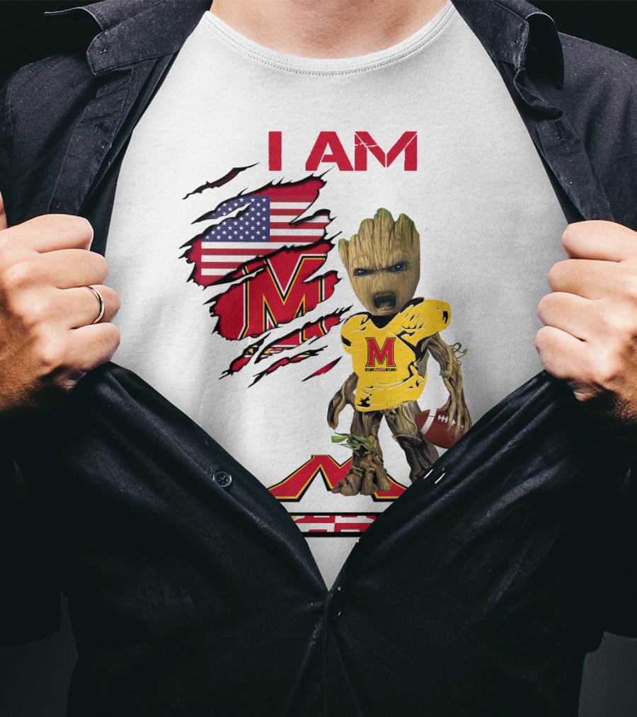 I Am Maryland Baby Groot Football M Logo American Flag T-Shirt