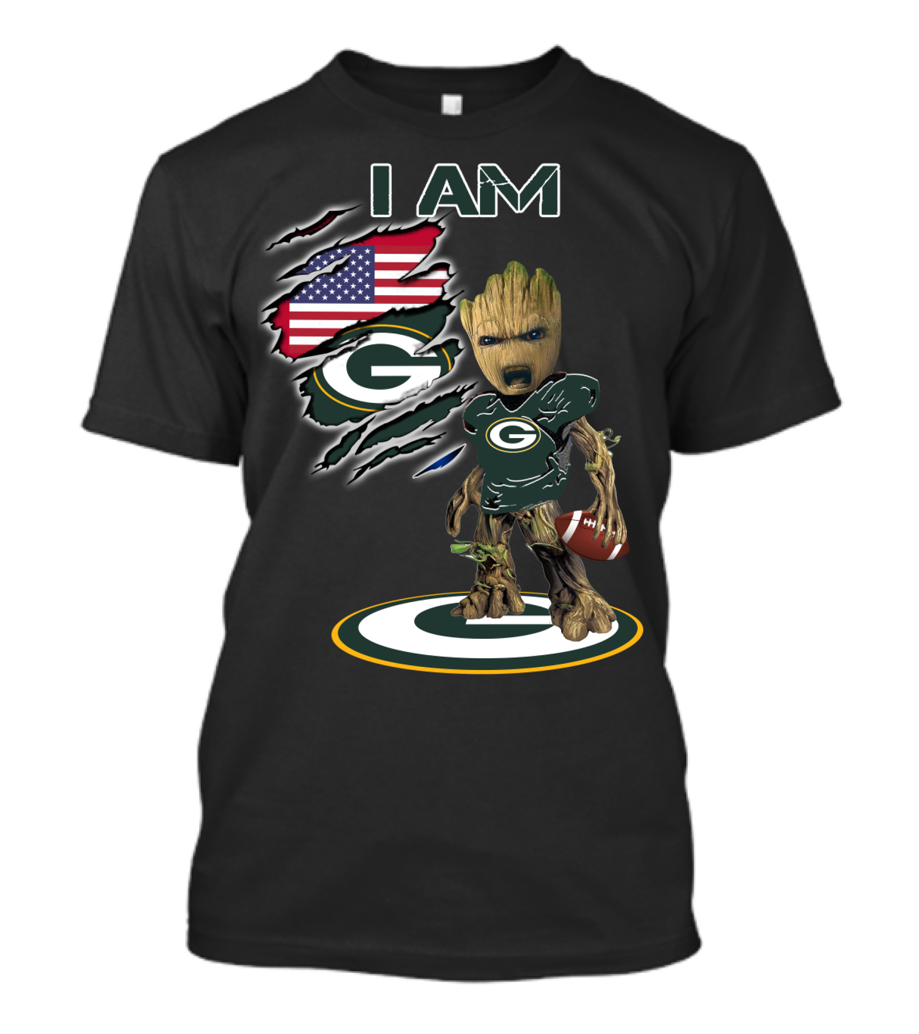 I Am Packers Baby Groot American Flag Football T-Shirt