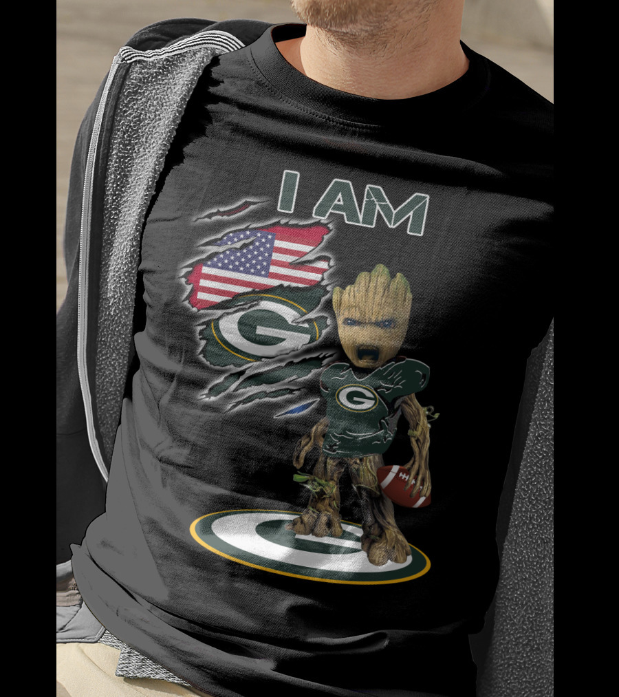 I Am Packers Baby Groot American Flag Football T-Shirt