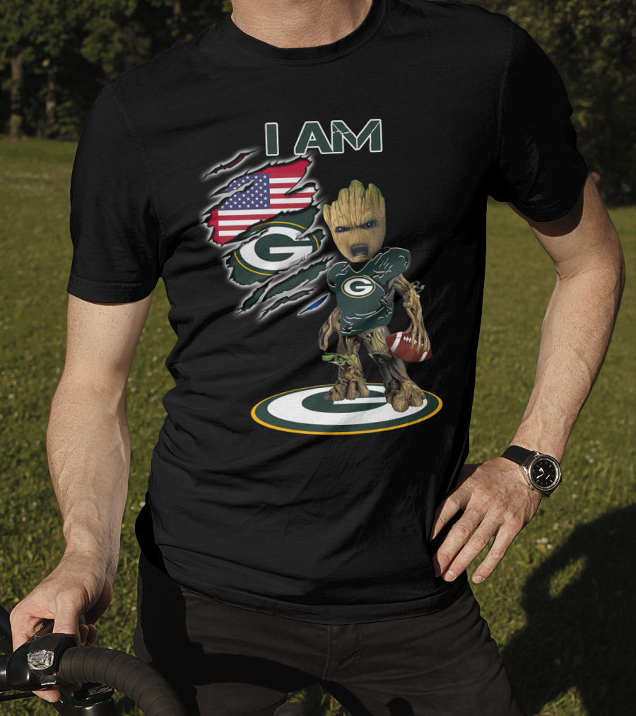 I Am Packers Baby Groot American Flag Football T-Shirt
