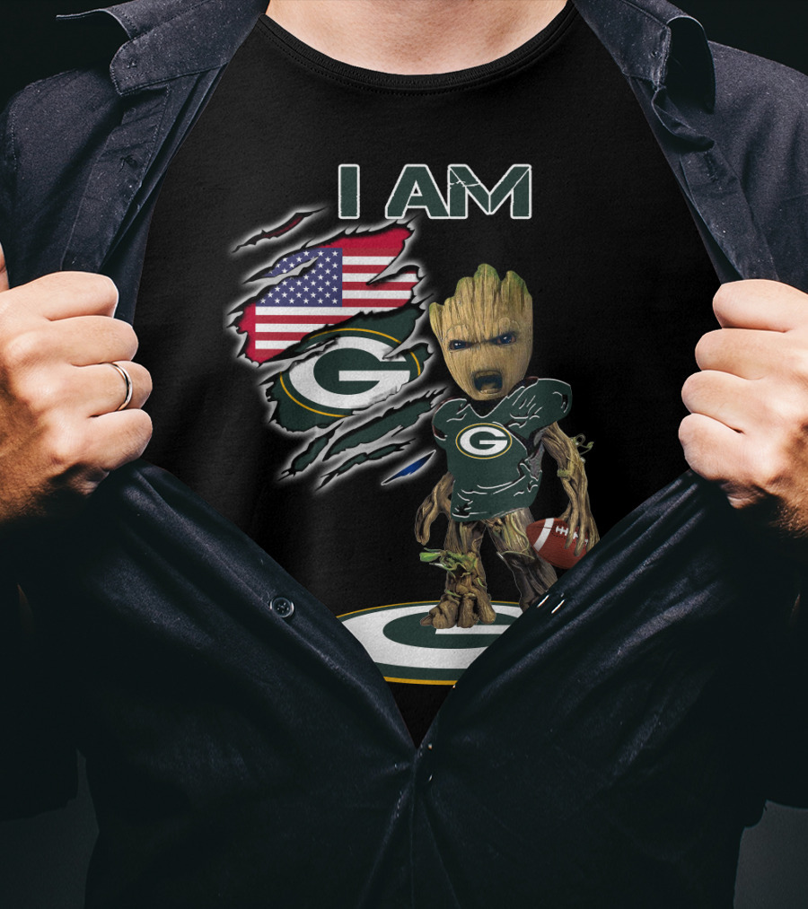 I Am Packers Baby Groot American Flag Football T-Shirt