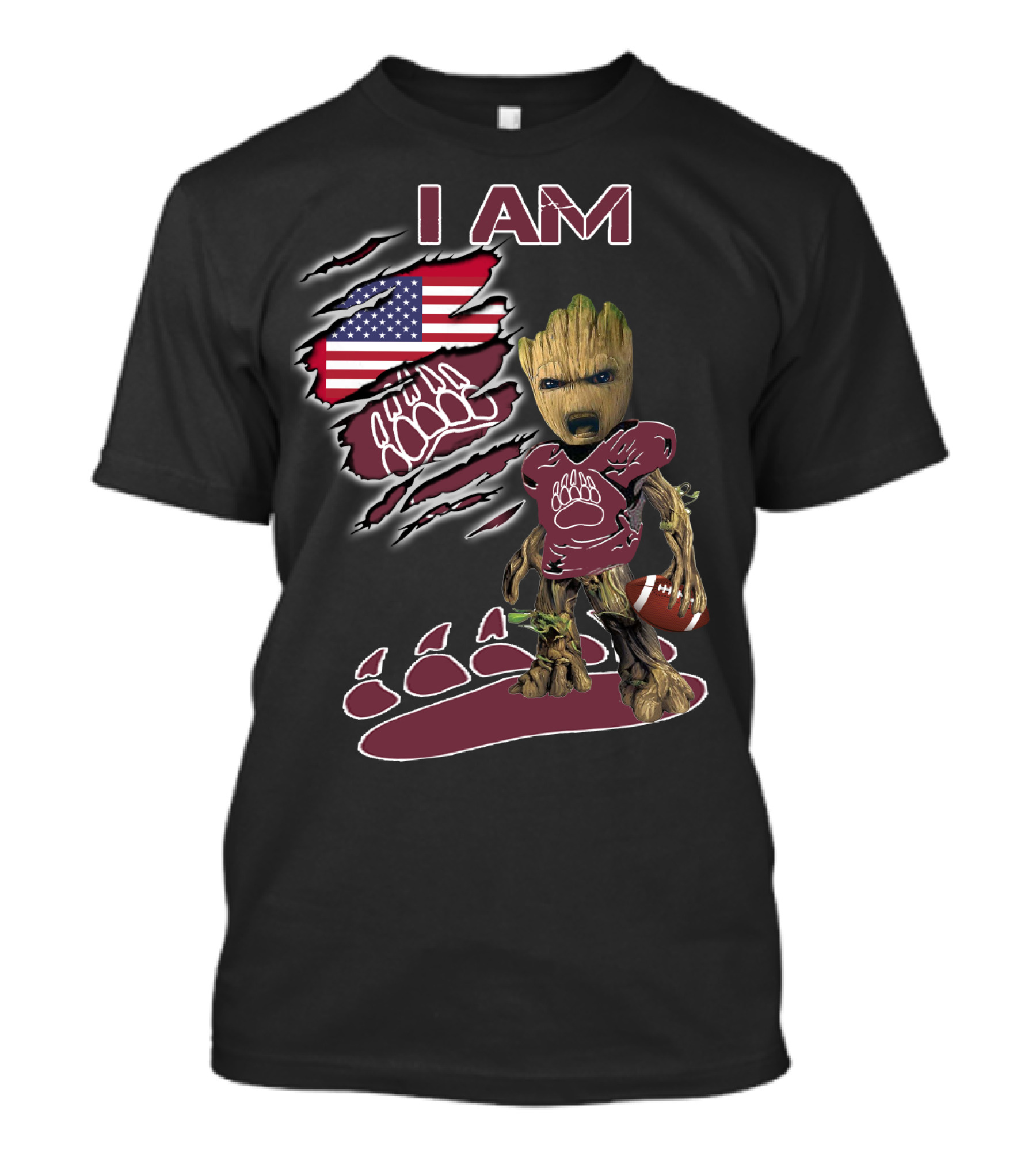 I AM American Flag Football Baby Groot Bear Paw T-Shirt