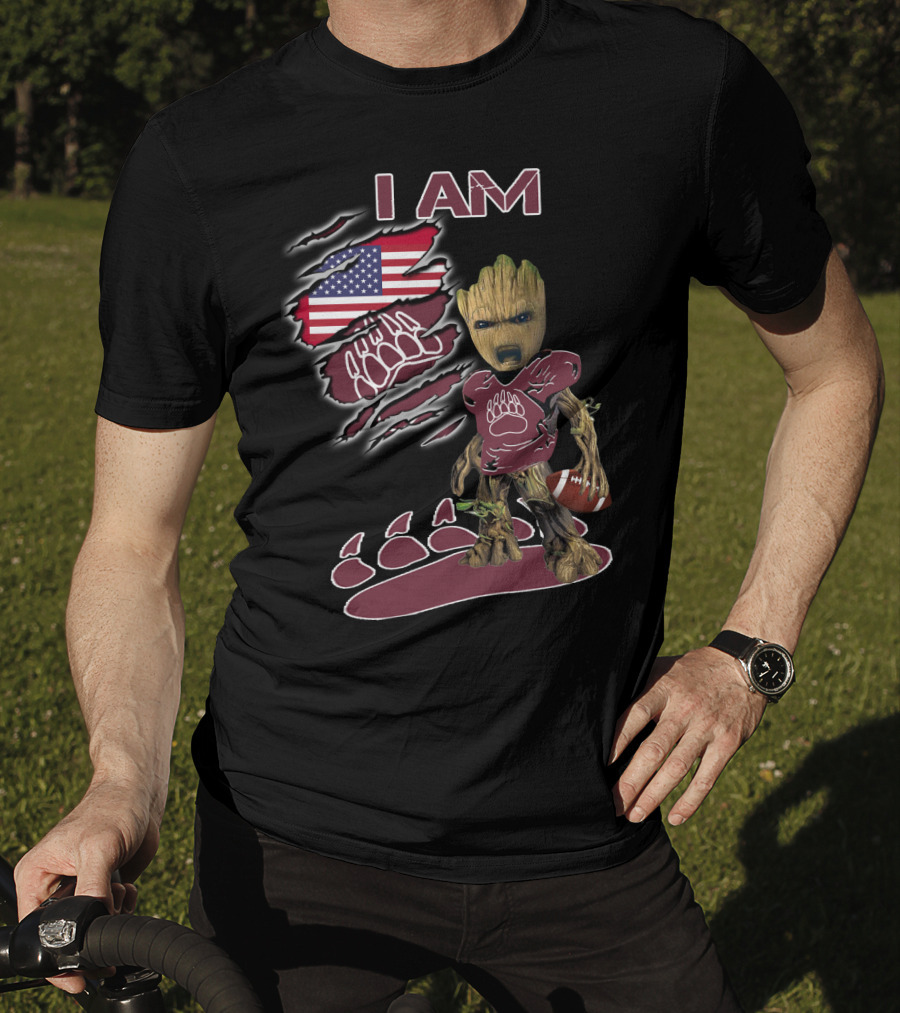 I AM American Flag Football Baby Groot Bear Paw T-Shirt